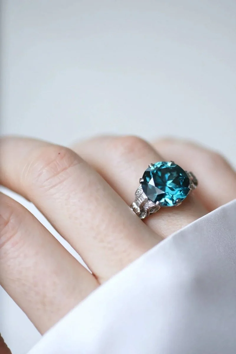 Blue Zircon and Diamond Cocktail Ring on Platinum - Image 4