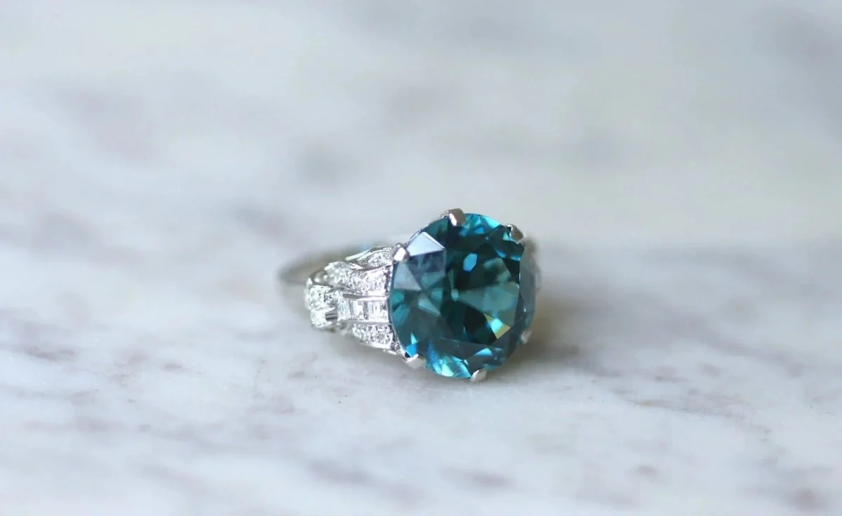 Blue Zircon and Diamond Cocktail Ring on Platinum - Image 5