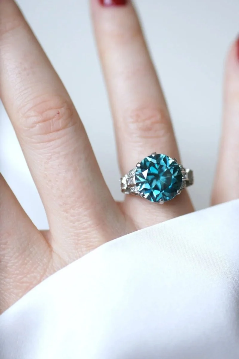 Blue Zircon and Diamond Cocktail Ring on Platinum - Image 6