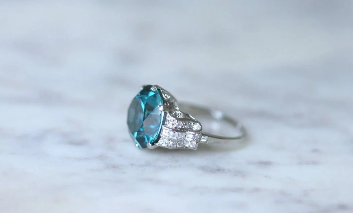 Blue Zircon and Diamond Cocktail Ring on Platinum - Image 7