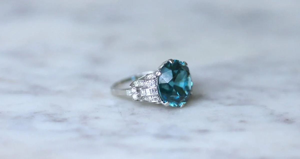 Blue Zircon and Diamond Cocktail Ring on Platinum - Image 9