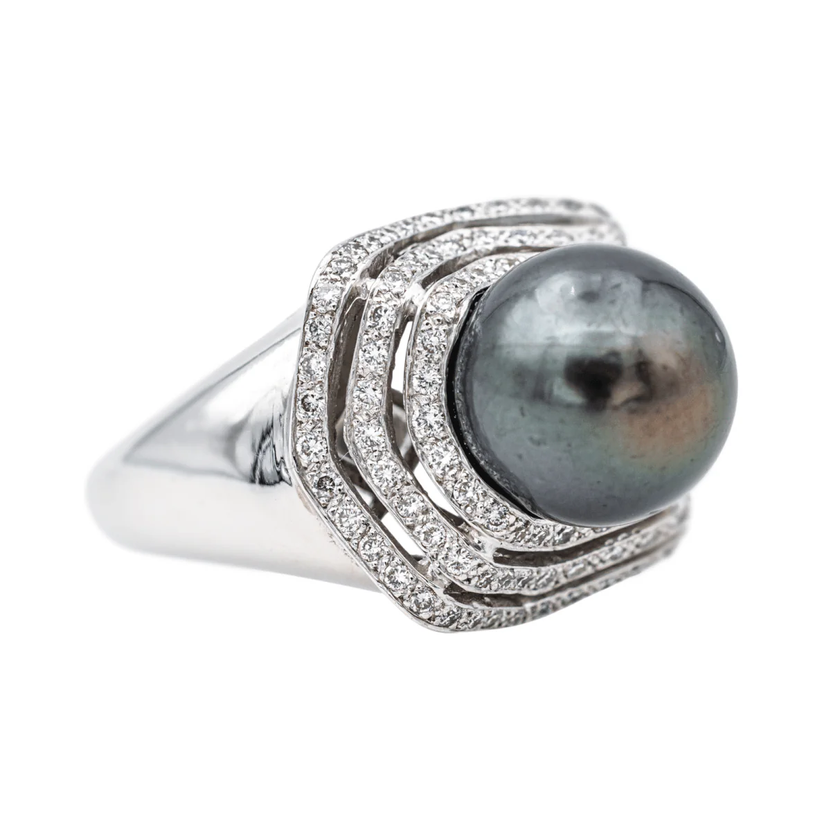 Ring Cocktail in white gold, pearl and diamonds - Image 6