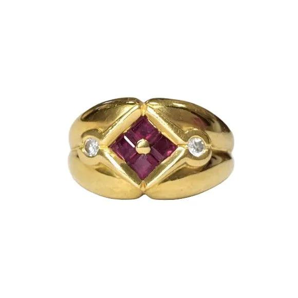 Dome ring in yellow gold, rubies and diamonds