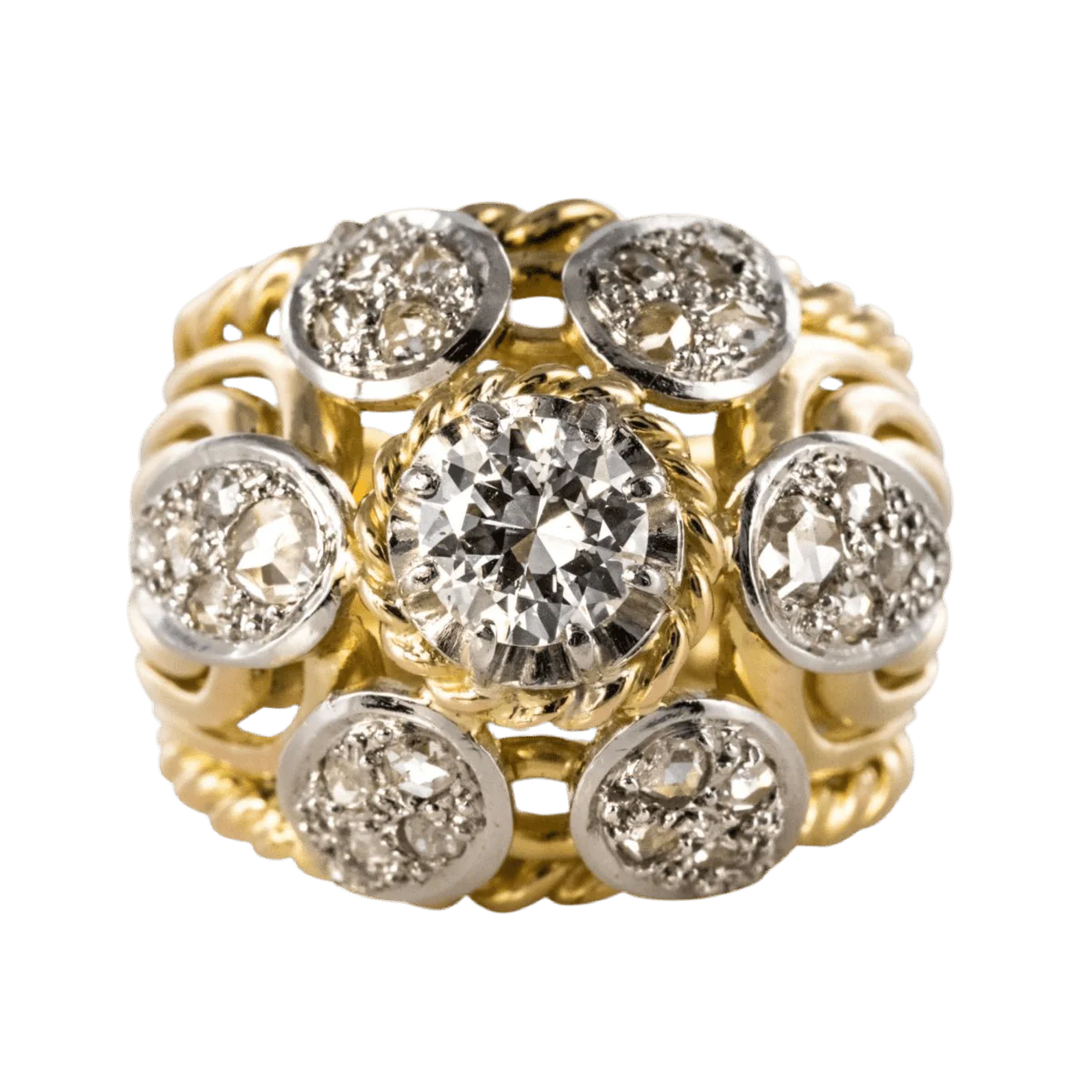 Dome ring in yellow gold, platinum and diamonds
