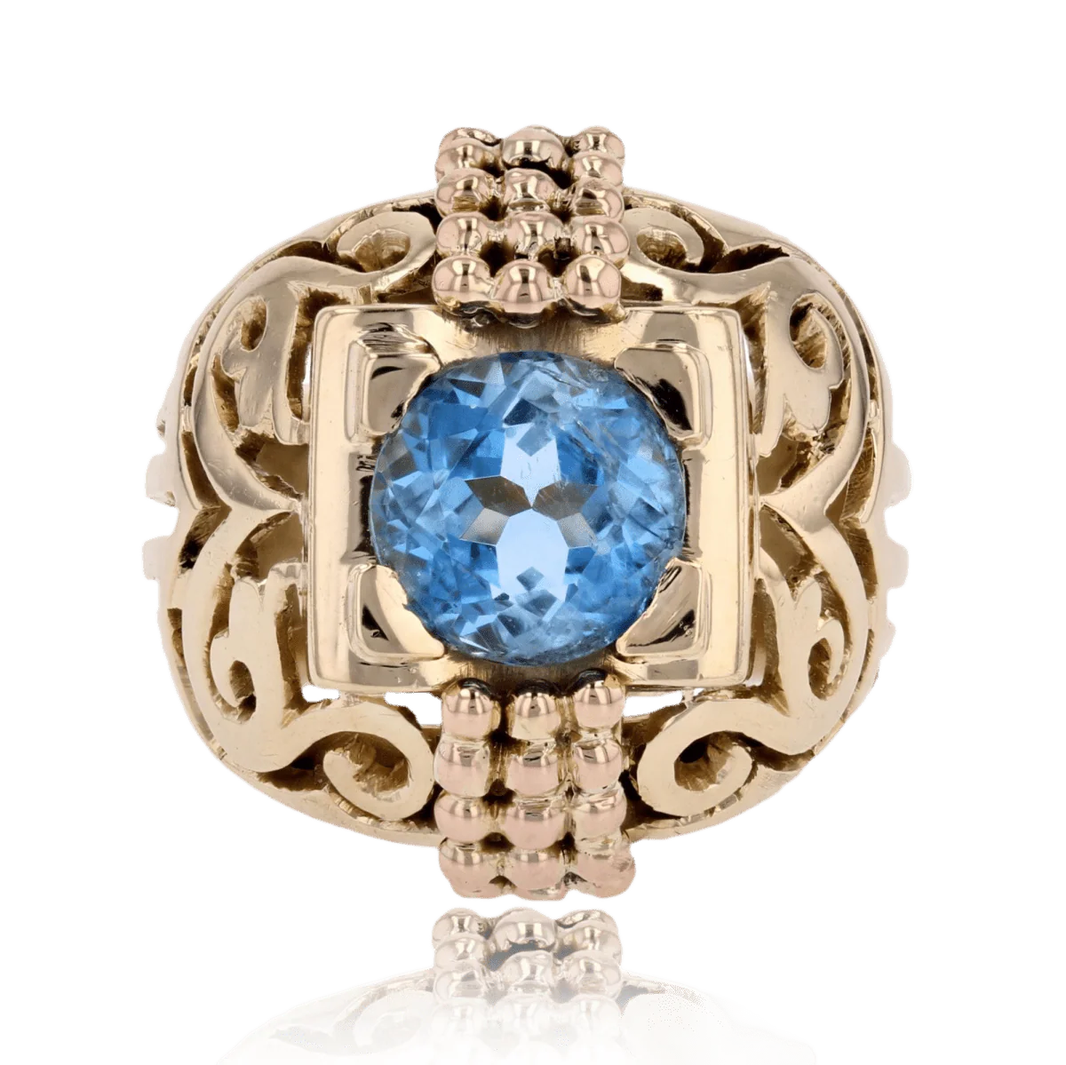 Dome ring in yellow gold, aquamarine and pearls