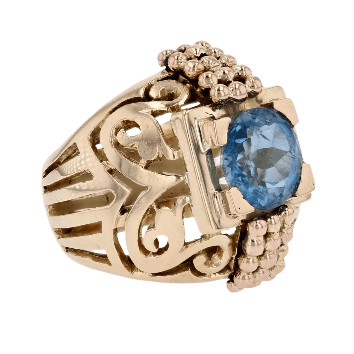 Dome ring in yellow gold, aquamarine and pearls - Image 5