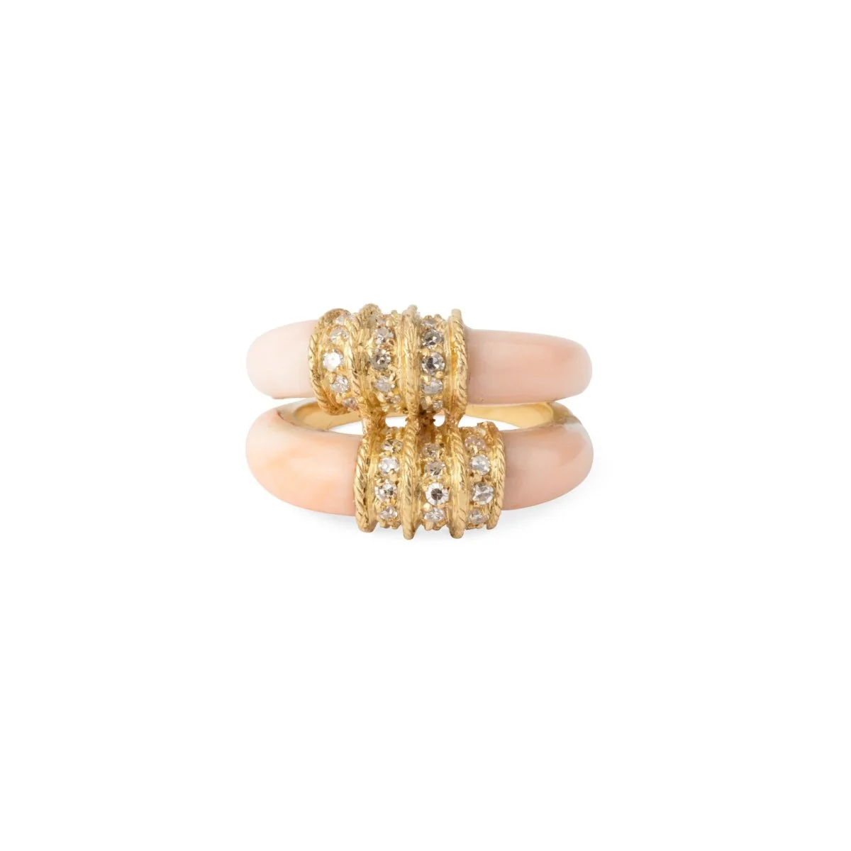 Double ring in yellow gold, angel skin coral and diamonds