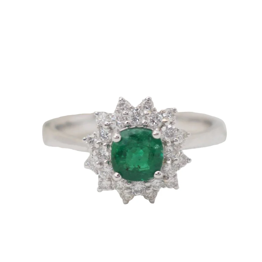 Ring double circle in white gold, emerald 0.64ct and diamonds