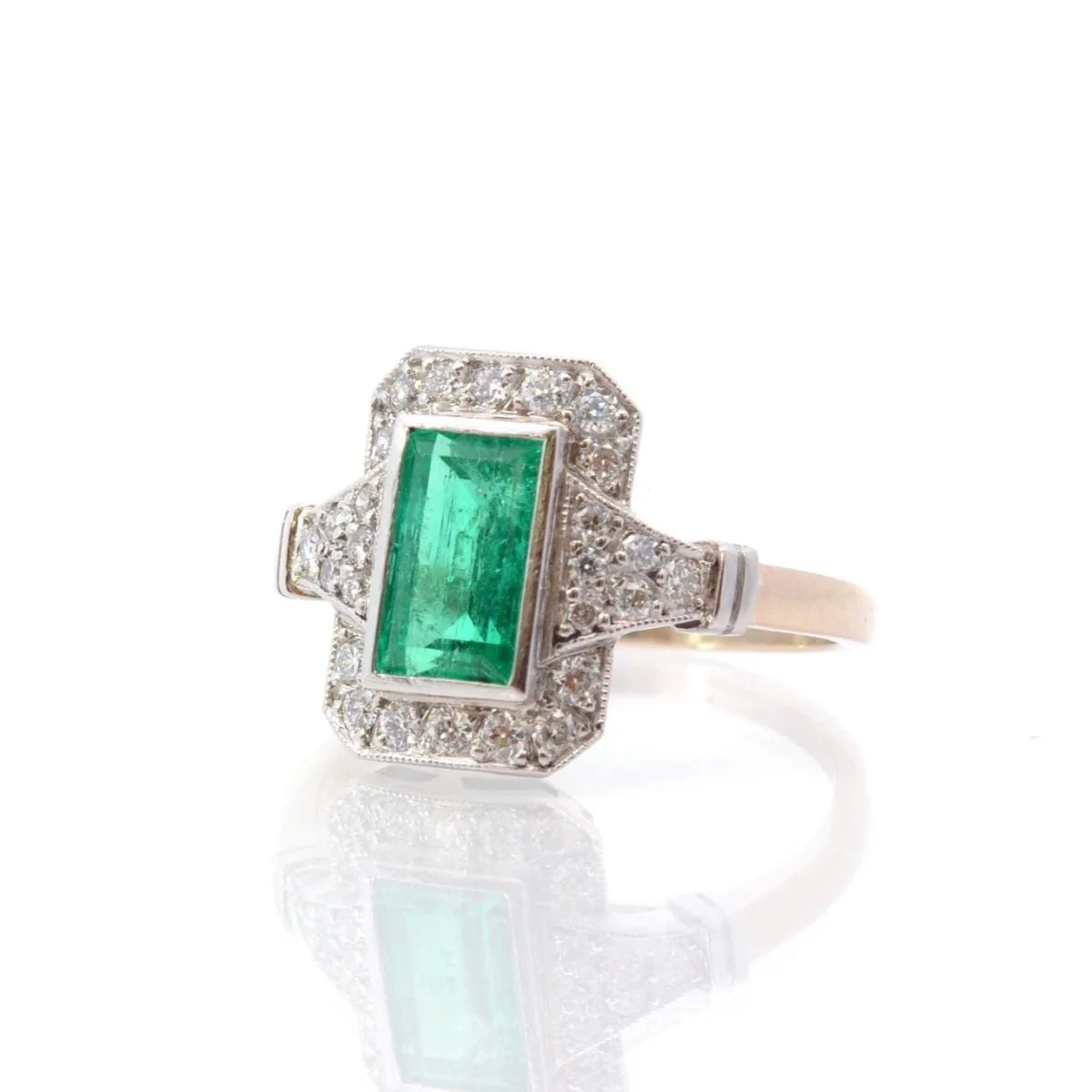 Ring Marquise en yellow gold, paltinium, emerald and diamonds - Image 3