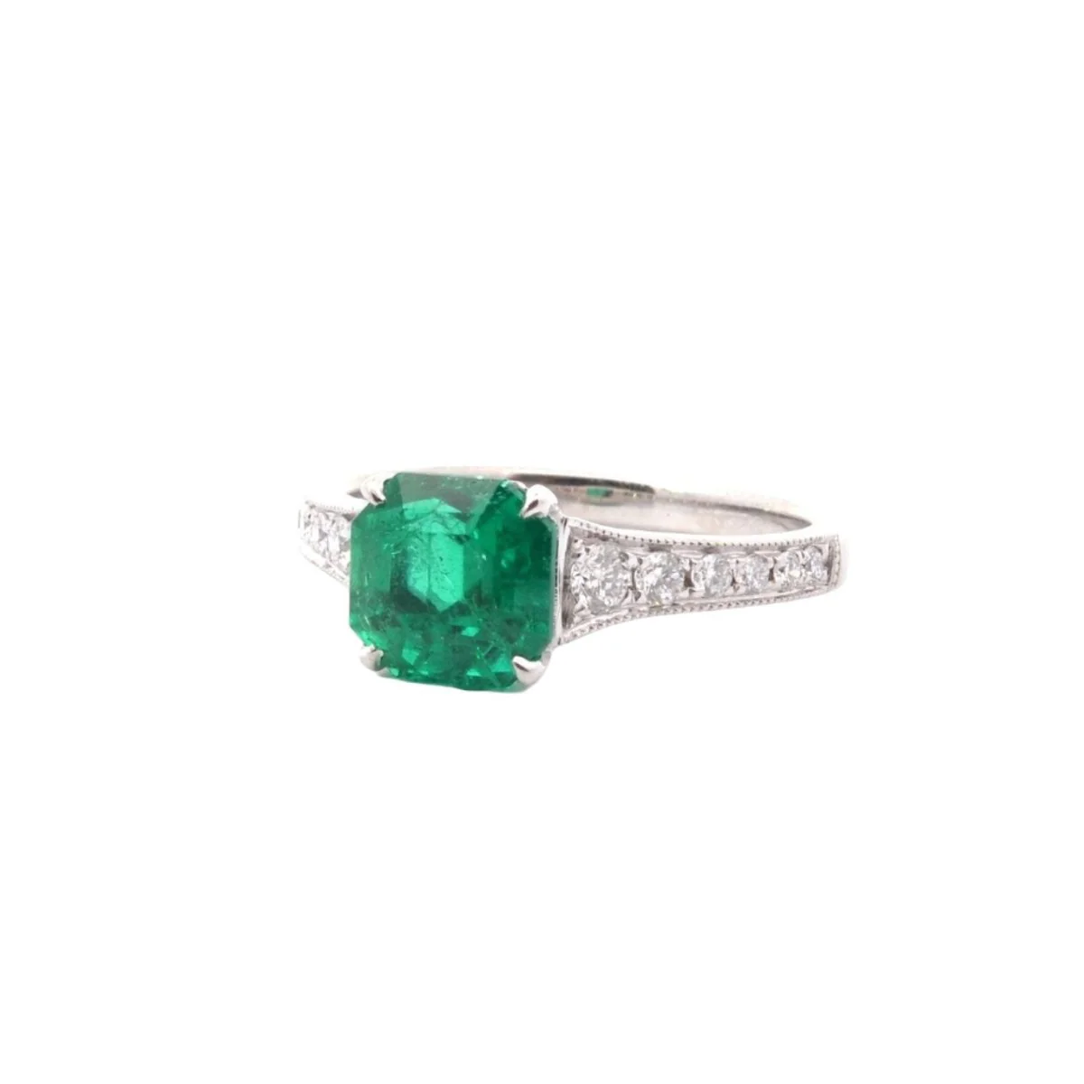 Solitaire ring in white gold, emerald and diamond - Image 2