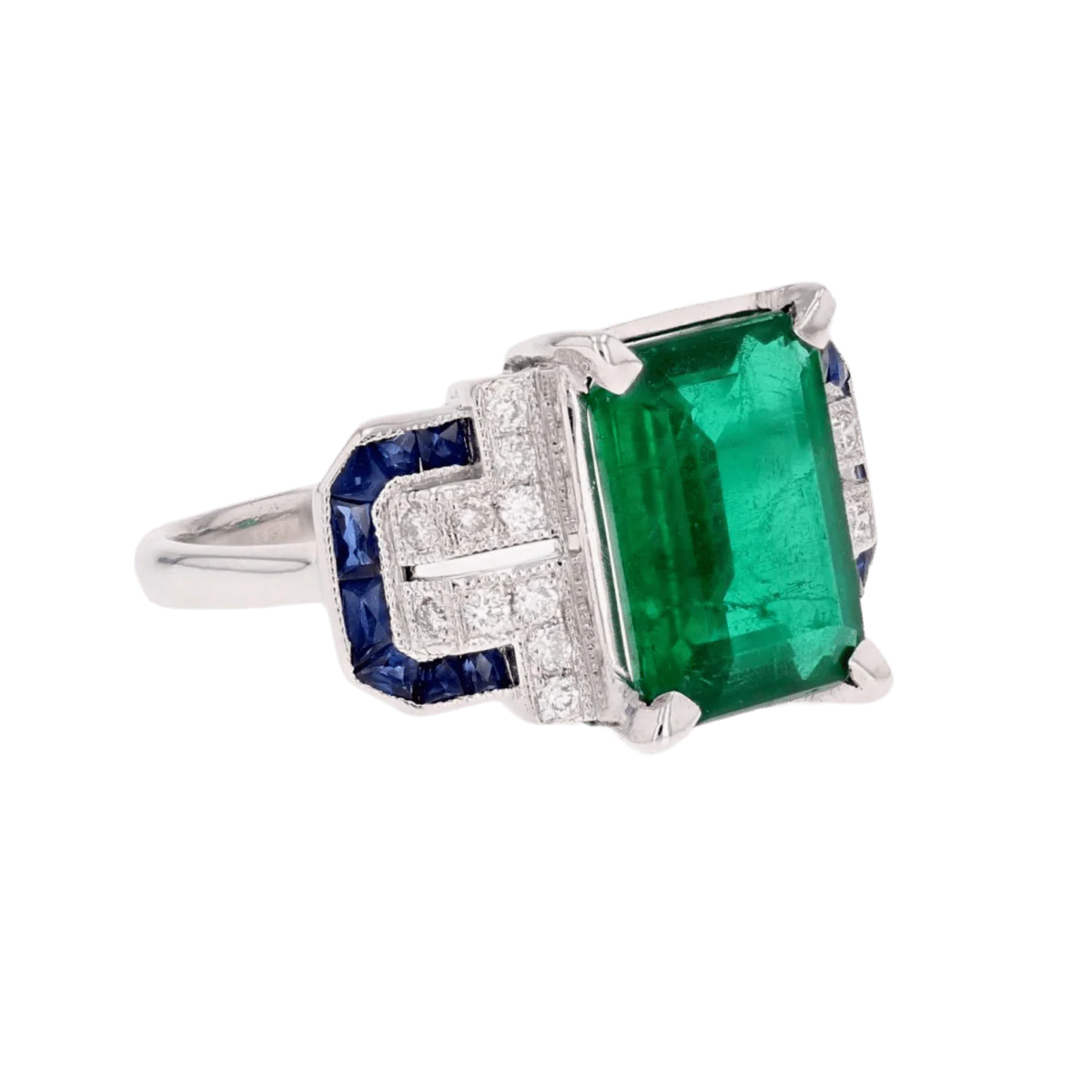 Entourage ring in white gold, emerald, sapphires and diamonds - Image 5
