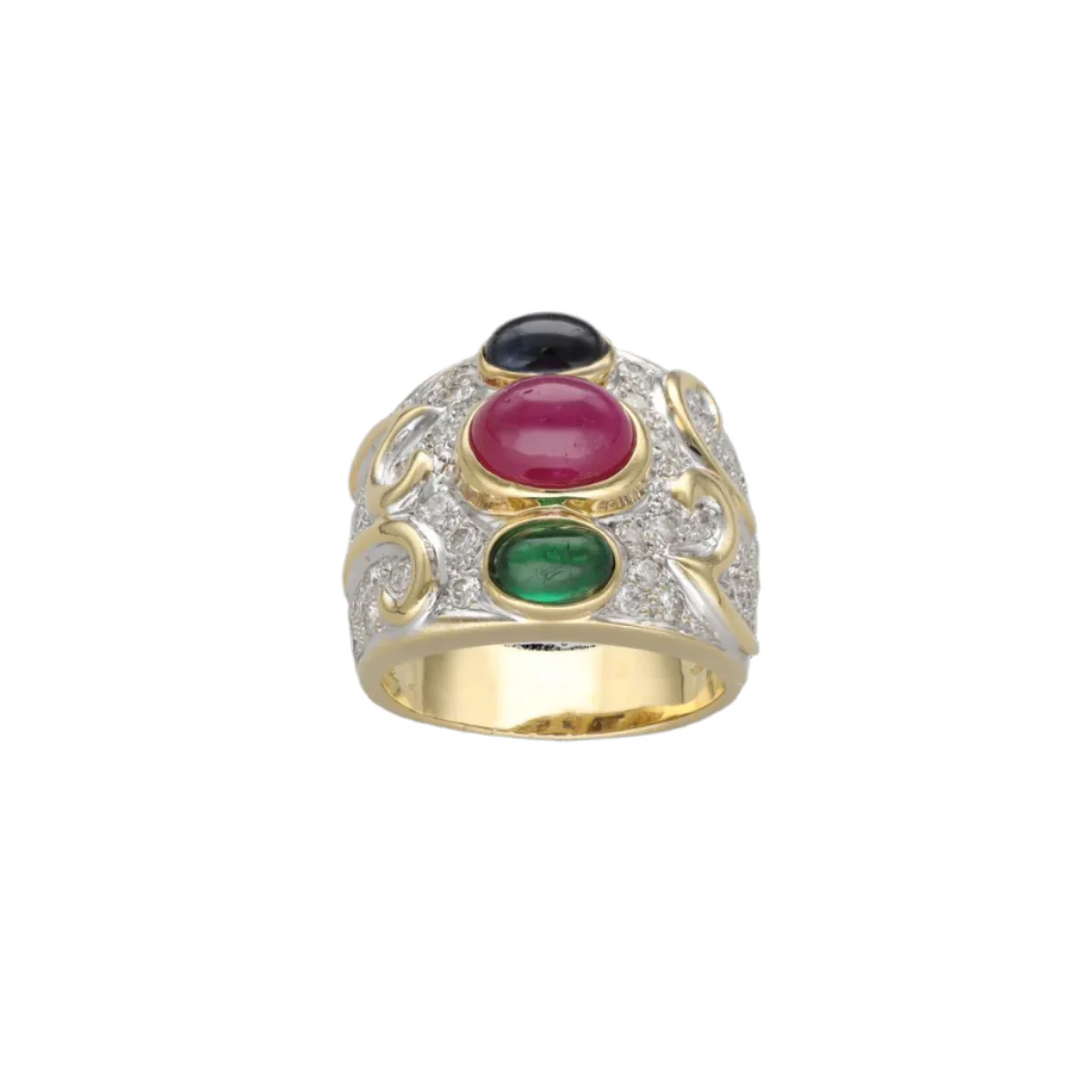 Ring in yellow gold 18 Cts with sapphire, ruby, emerald and diamonds circa 1990. T49