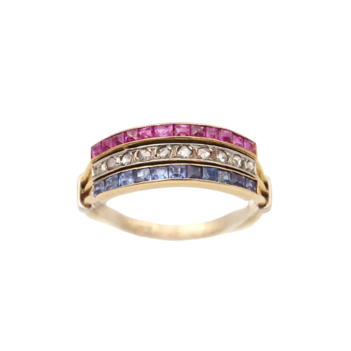 Ring in yellow gold, paltinium, rubies, sapphires, and diamonds