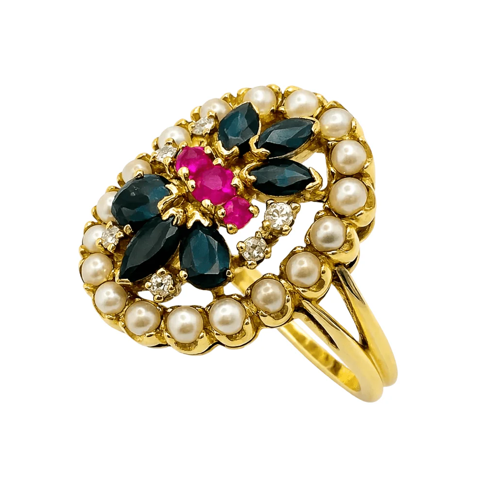 Yellow gold ring, rubies, sapphires, pearls, and diamonds - Image 3