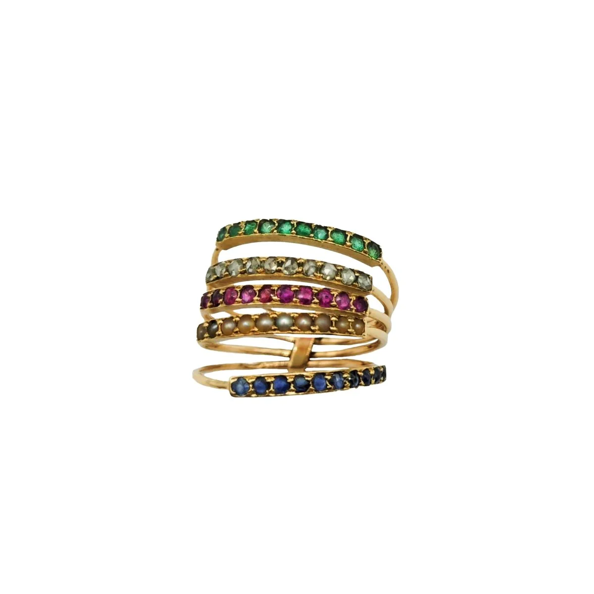 Ring Rings in yellow gold, pearls and colored stones