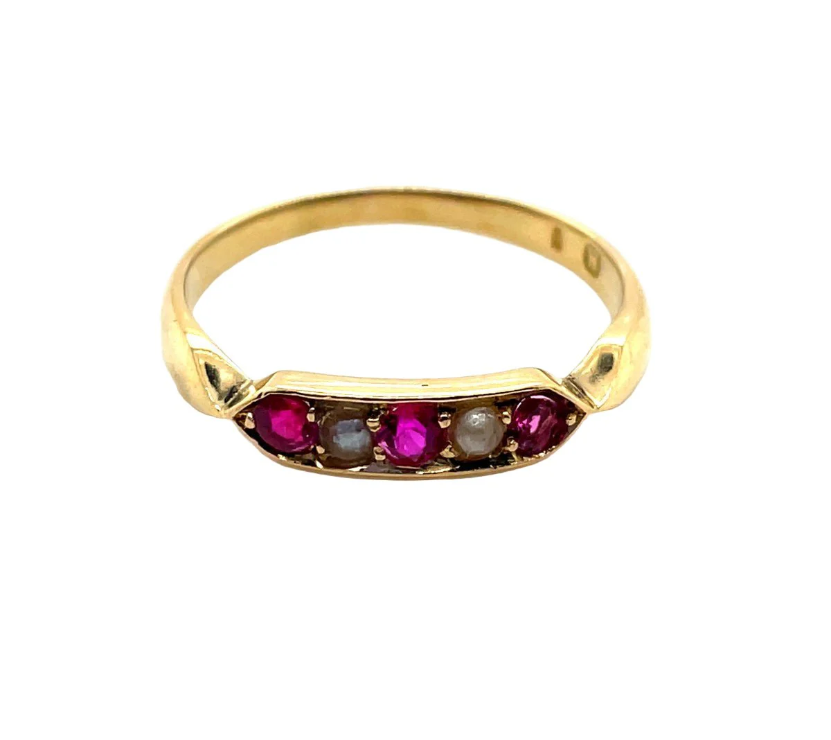 Garter ring in yellow gold, pearls and red stones