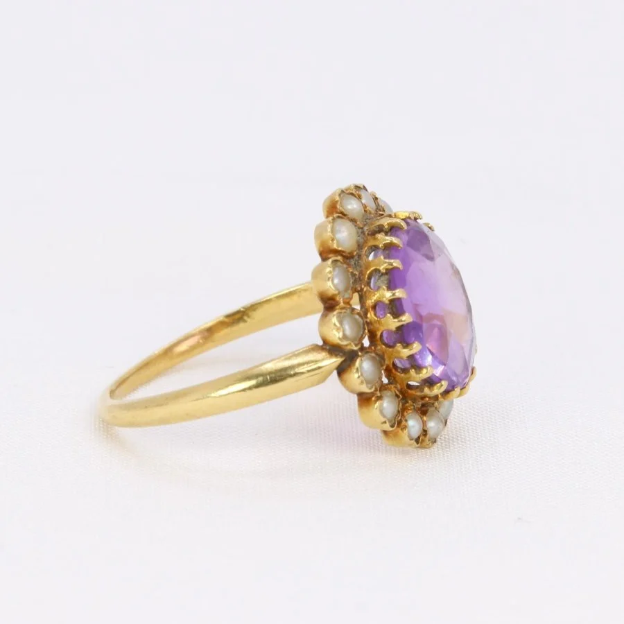 Ring antique daisy yellow gold amethyst fine pearls - Image 7