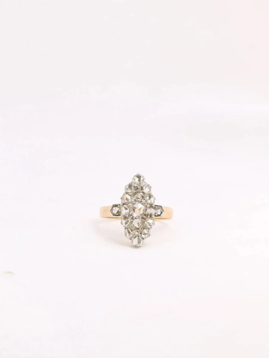 Antique gold platinum marquise ring with rose-cut diamonds