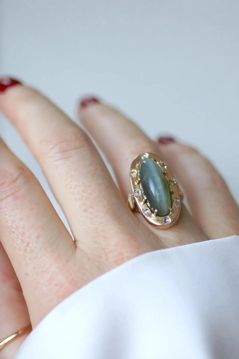 Marquise Cat's Eye and Diamond Ring in Rose Gold - Image 2