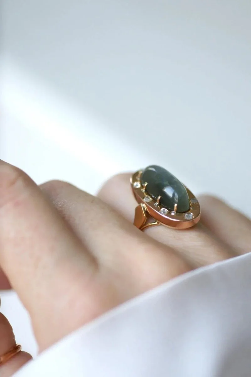 Marquise Cat's Eye and Diamond Ring in Rose Gold - Image 6
