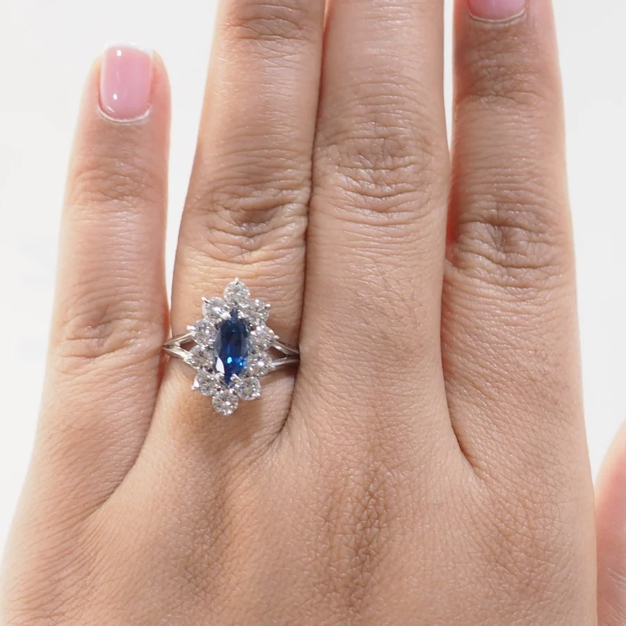 Marquise Ring in White gold, Sapphire and Diamonds - Image 2