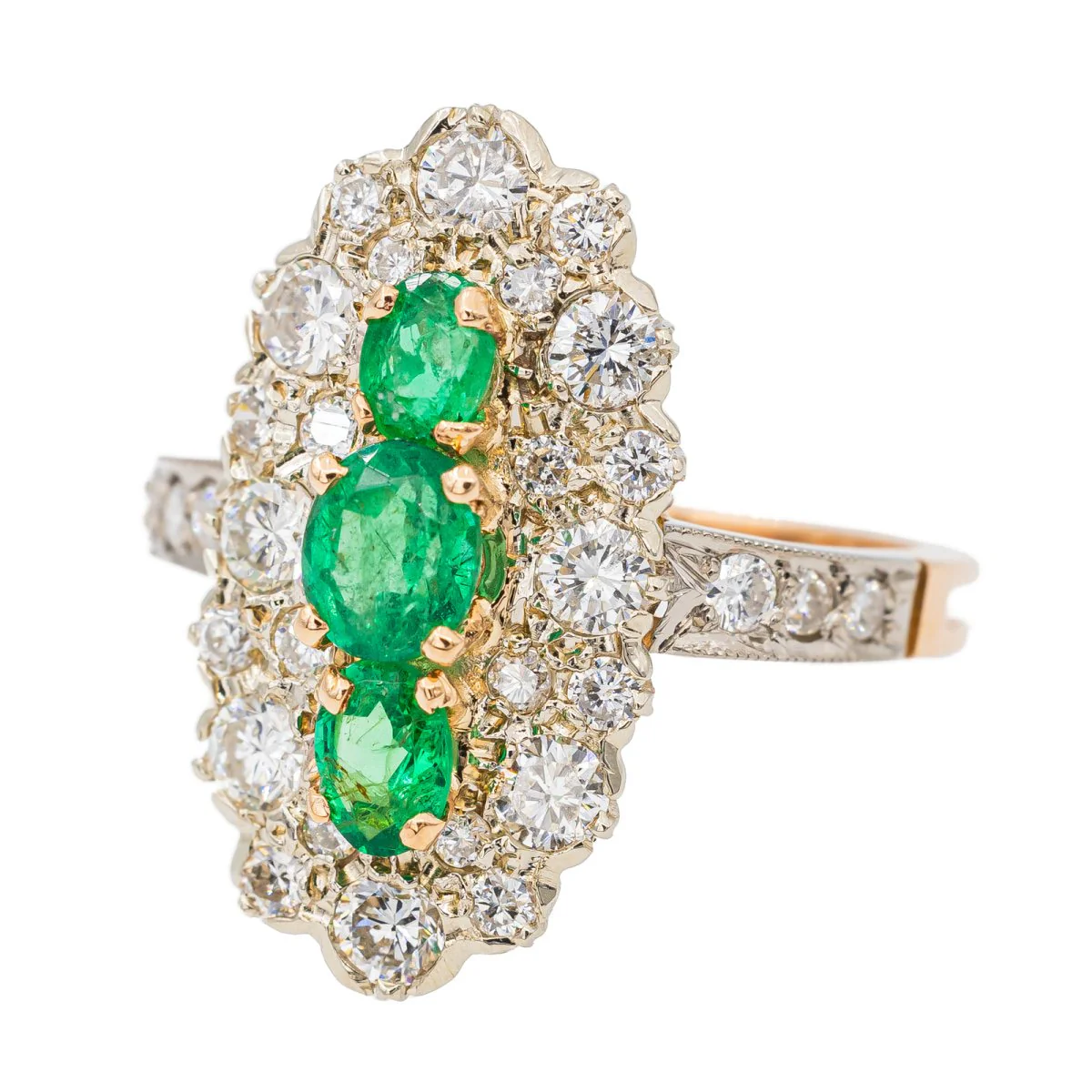 Marquise ring in yellow gold, emerald and diamond - Image 3