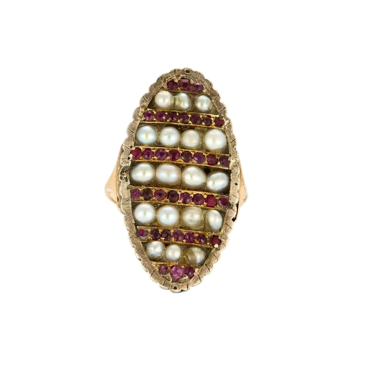 Ring Marquise in silver, yellow gold, rubies, and pearls