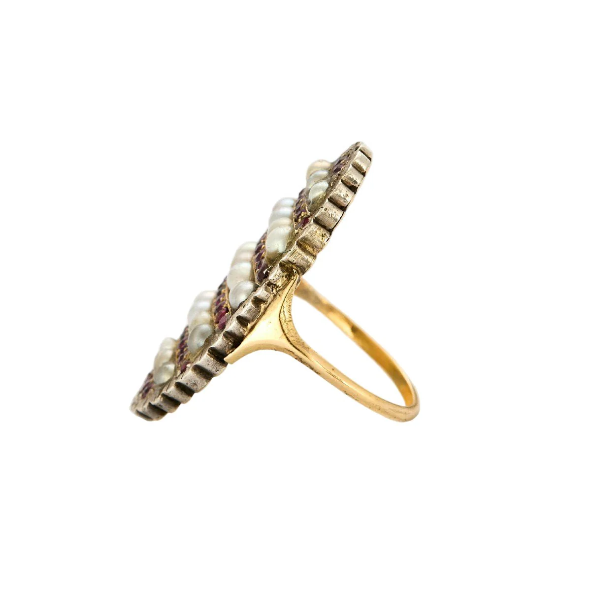 Ring Marquise in silver, yellow gold, rubies, and pearls - Image 3