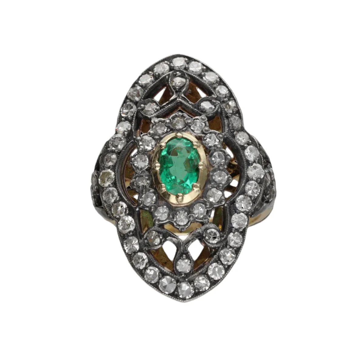 Ring marquise circa 1890 in yellow gold 18 Cts and silver with diamonds antique cut and Emerald. Size 53