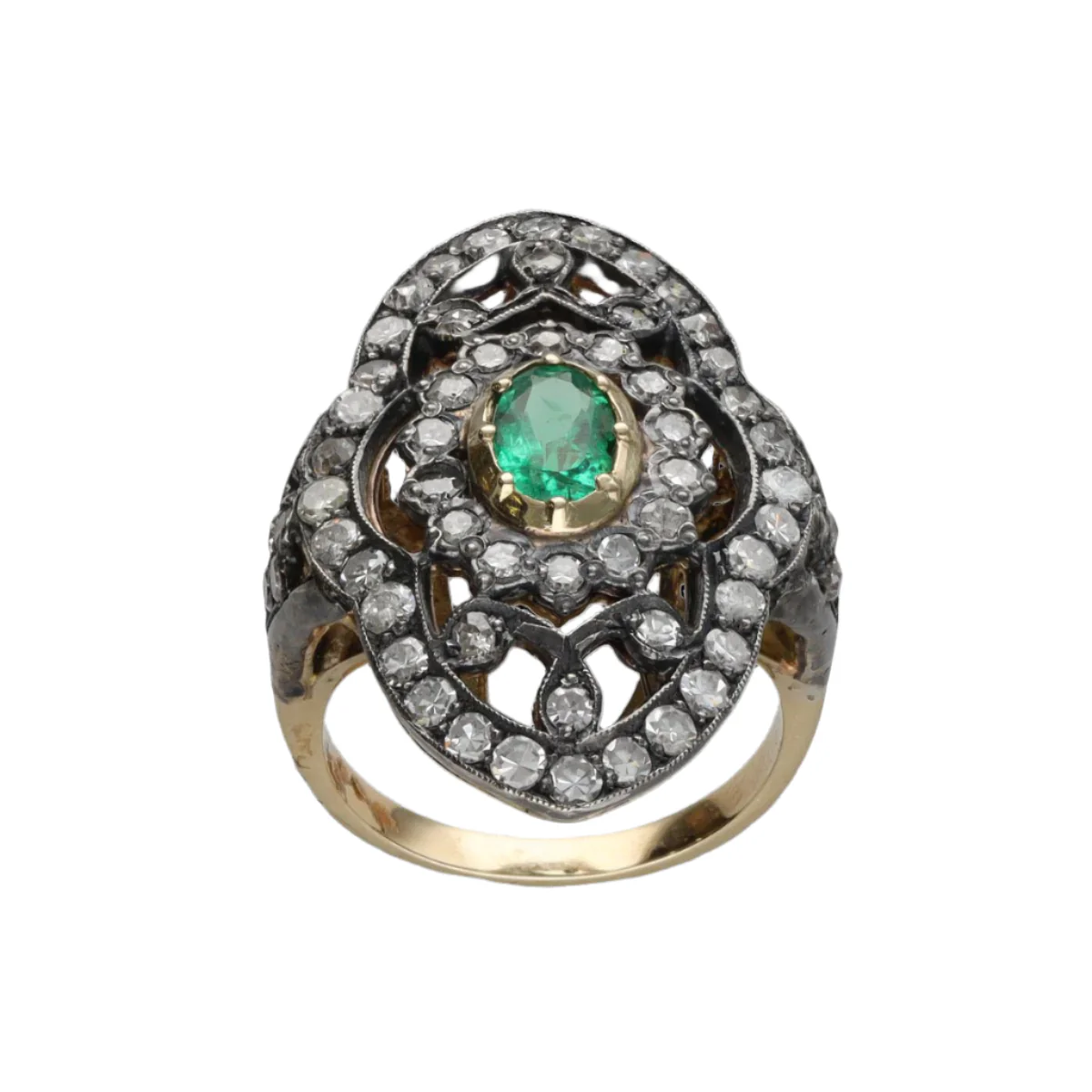 Ring marquise circa 1890 in yellow gold 18 Cts and silver with diamonds antique cut and Emerald. Size 53 - Image 4