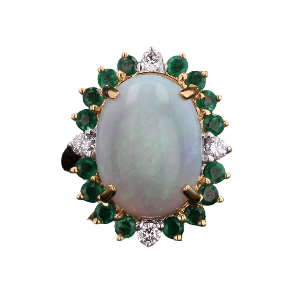 Entourage ring in yellow gold, opal, emeralds and diamonds