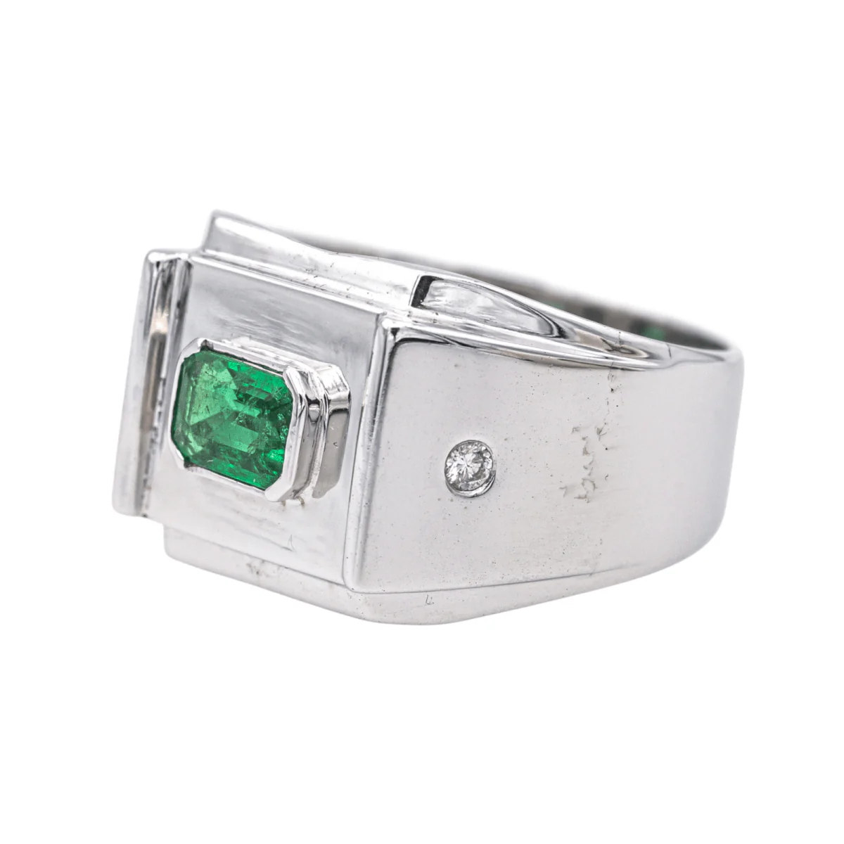 Signet ring in white gold, emerald and diamonds - Image 3