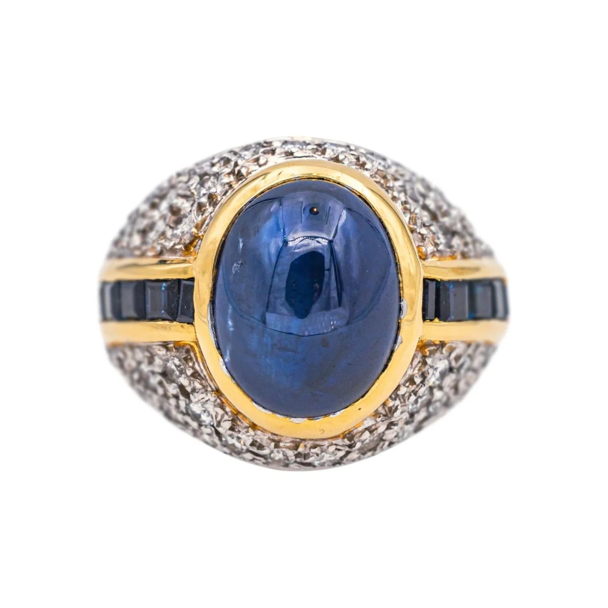 Dome ring in white gold, yellow gold, sapphires and diamonds