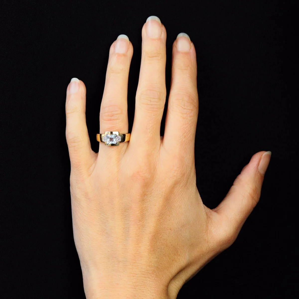 Tank ring in yellow gold, white gold, aquamarine and diamonds - Image 2
