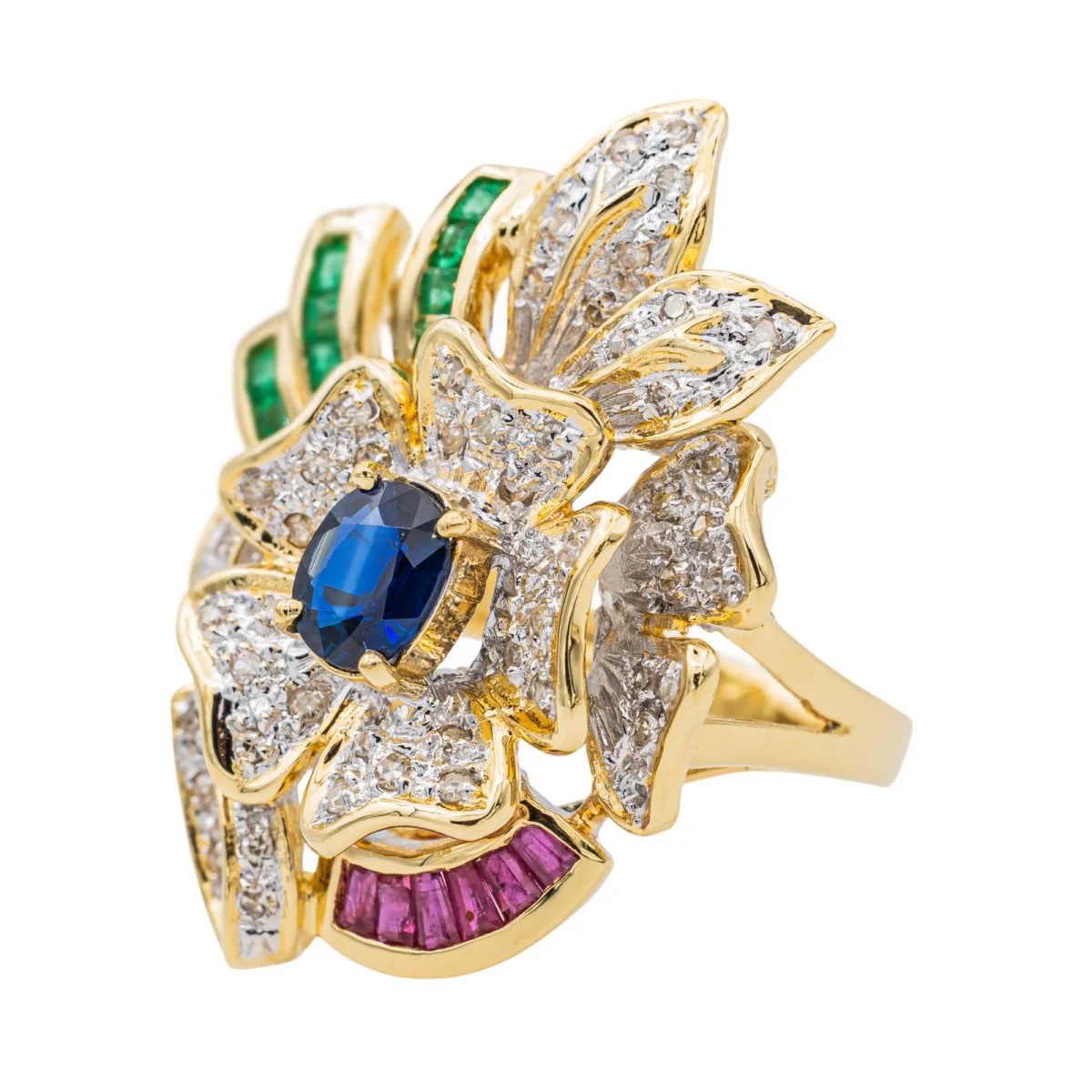 Yellow Gold Floral Motif Ring with Sapphire and Diamonds - Image 3