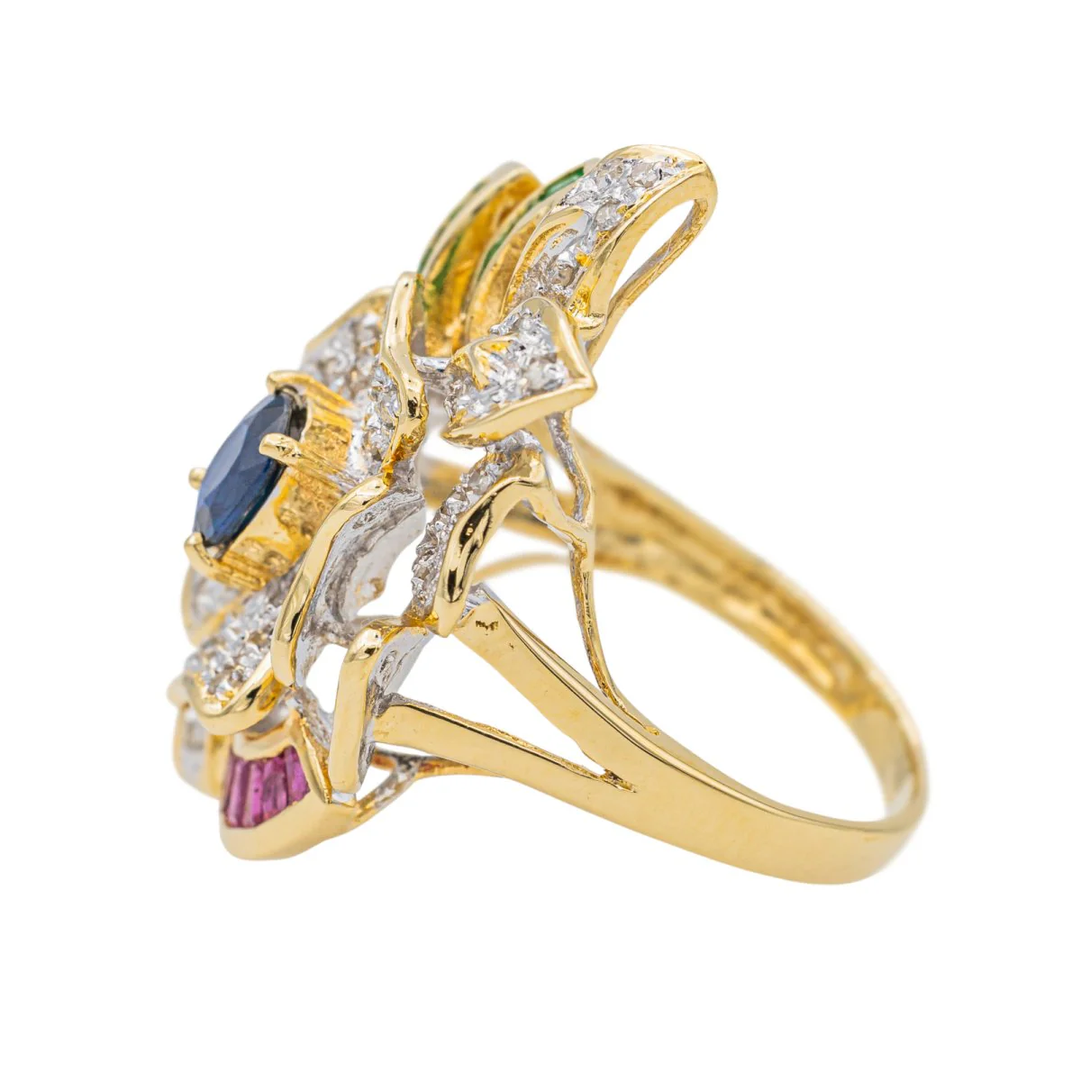 Yellow Gold Floral Motif Ring with Sapphire and Diamonds - Image 4