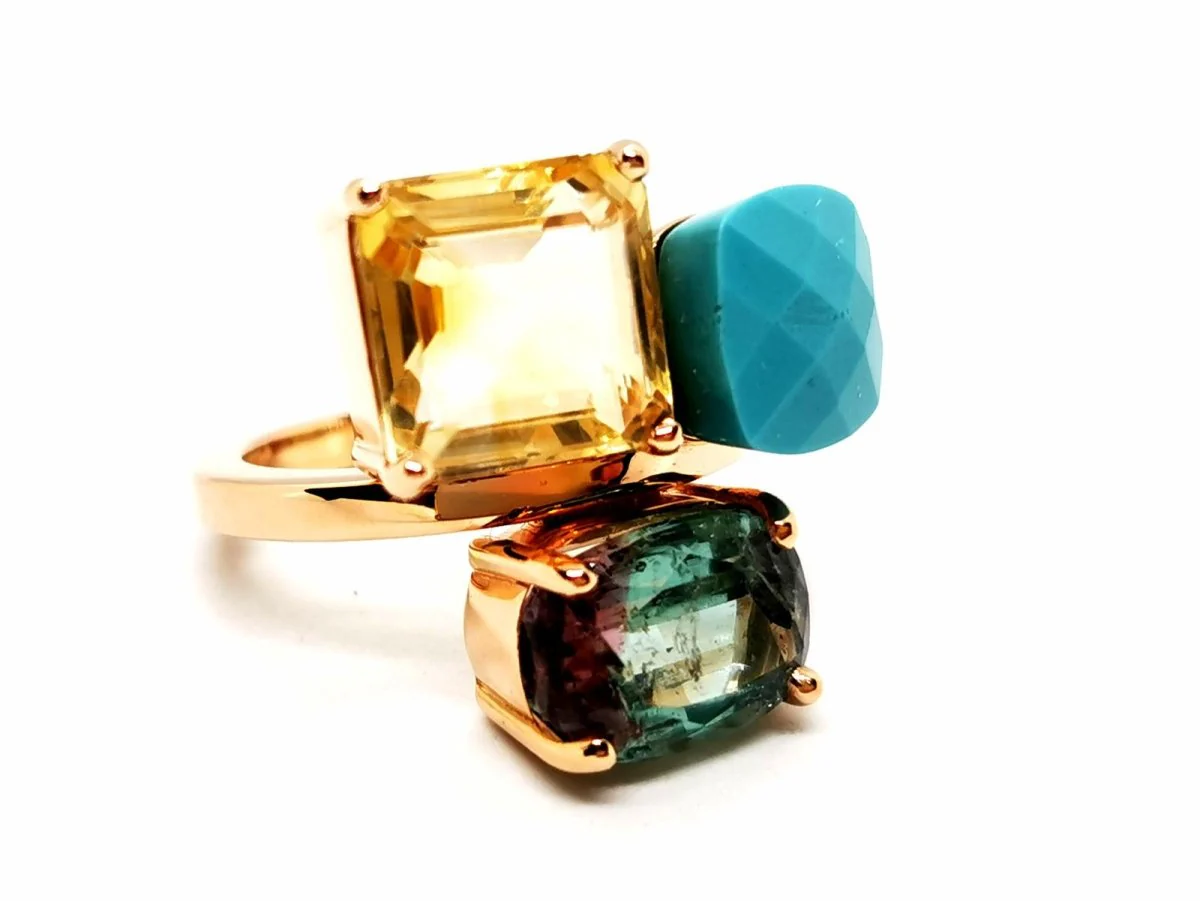 Ring at rose gold, quartz, turquoise and tourmaline - Image 9
