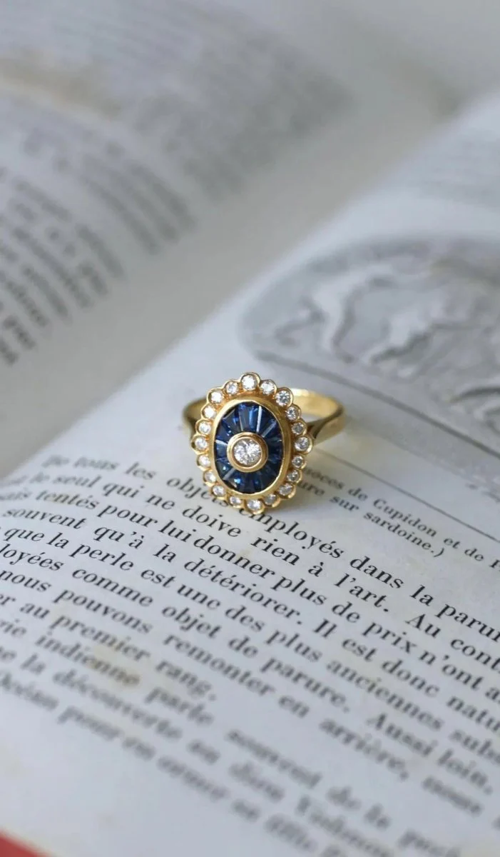 Art Deco Style Oval Ring with Diamonds and Sapphires - Image 8