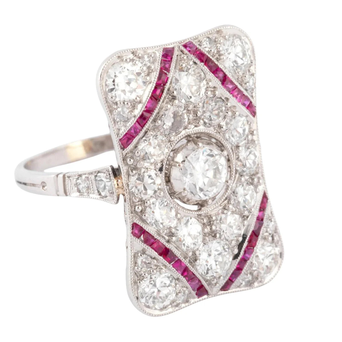 Rectangular platinum, diamond and ruby ring - Image 4