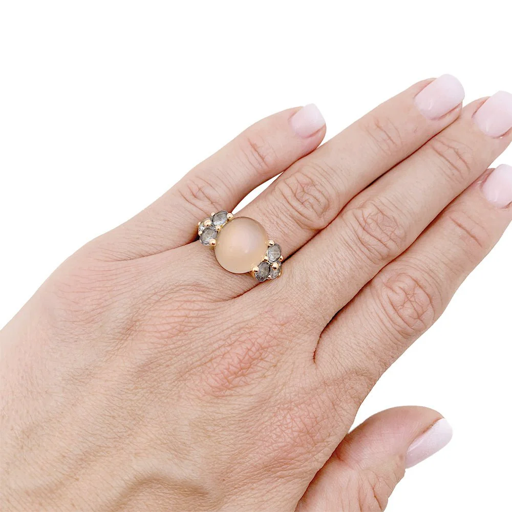 Pomellato ring, "Luna", pink gold, moonstone, aquamarines. - Image 6