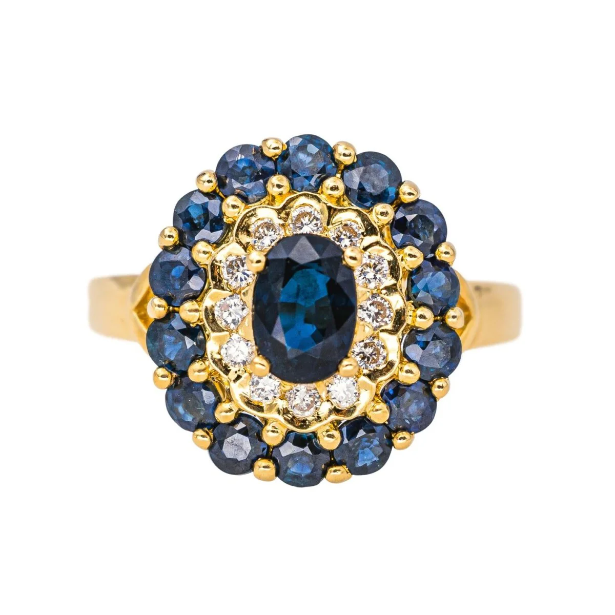 Pompadour ring in yellow gold, sapphires and diamonds