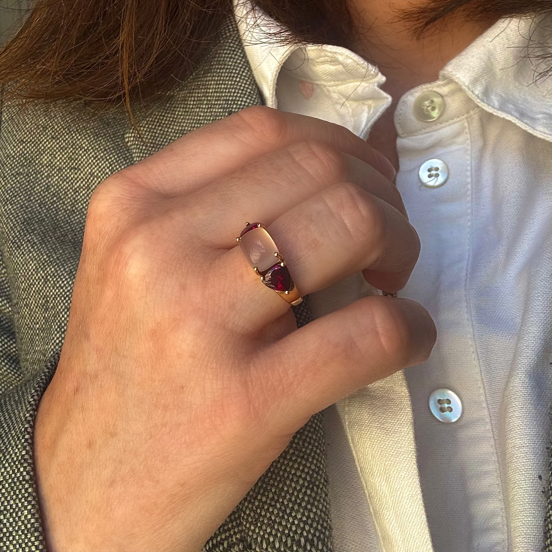 Ring rose quartz in yellow gold and amethyst - Image 2