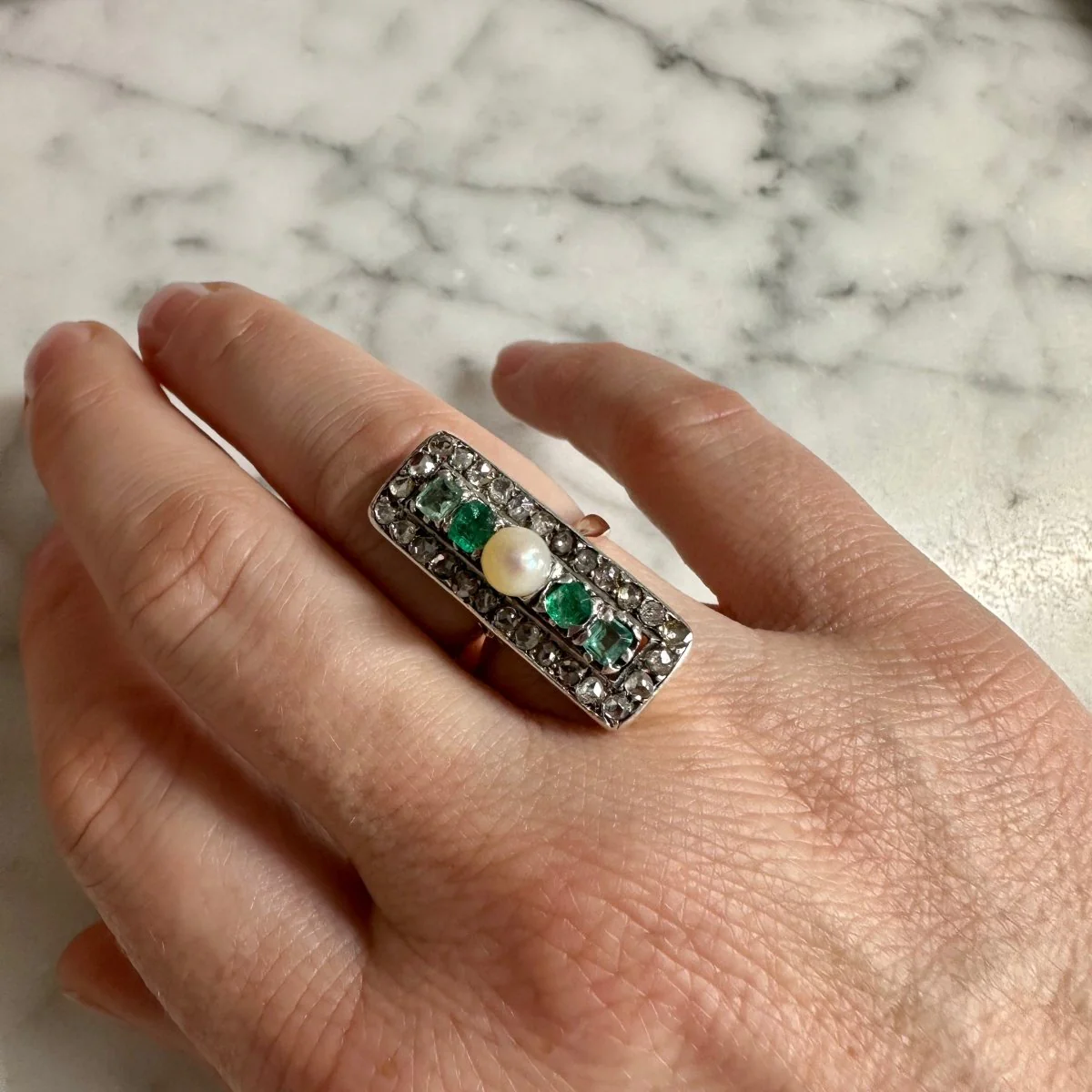 Ring at silver, rose gold, pearl and emeralds - Image 2