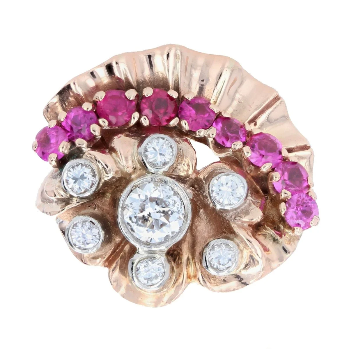 Daisy ring in rose gold, rubies and diamonds