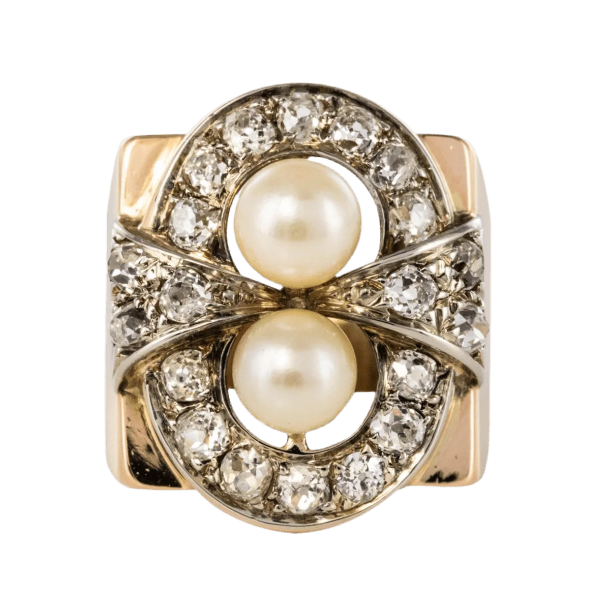 Tank ring in rose gold, platinum, pearls and diamonds