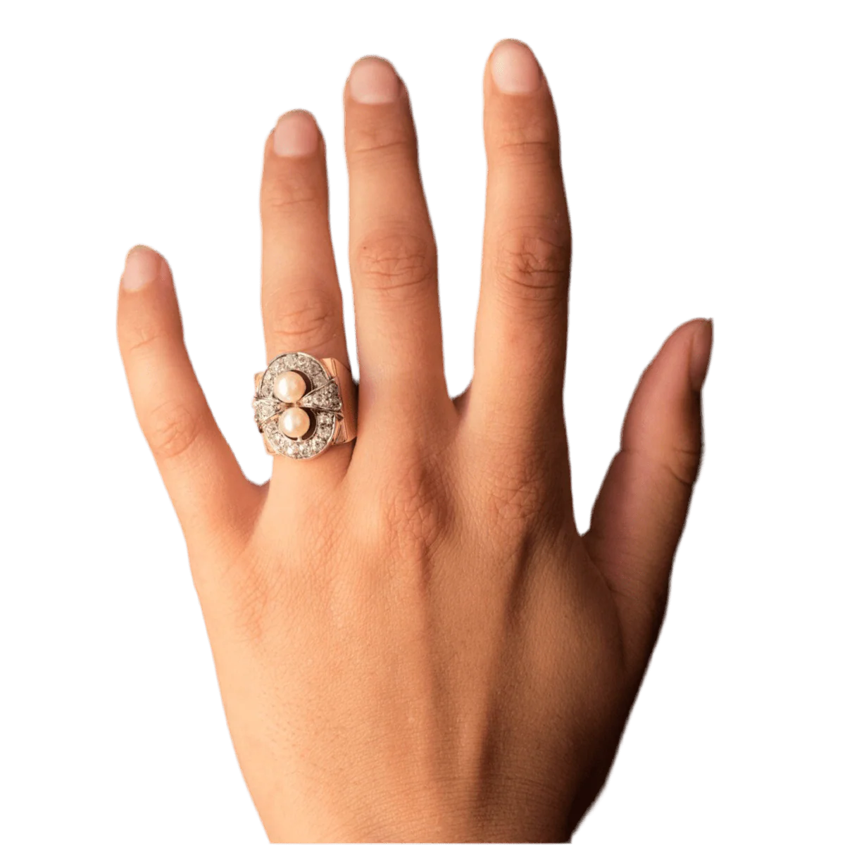 Tank ring in rose gold, platinum, pearls and diamonds - Image 2