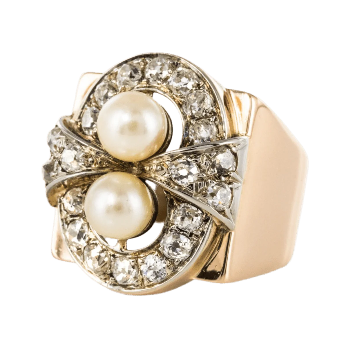 Tank ring in rose gold, platinum, pearls and diamonds - Image 3