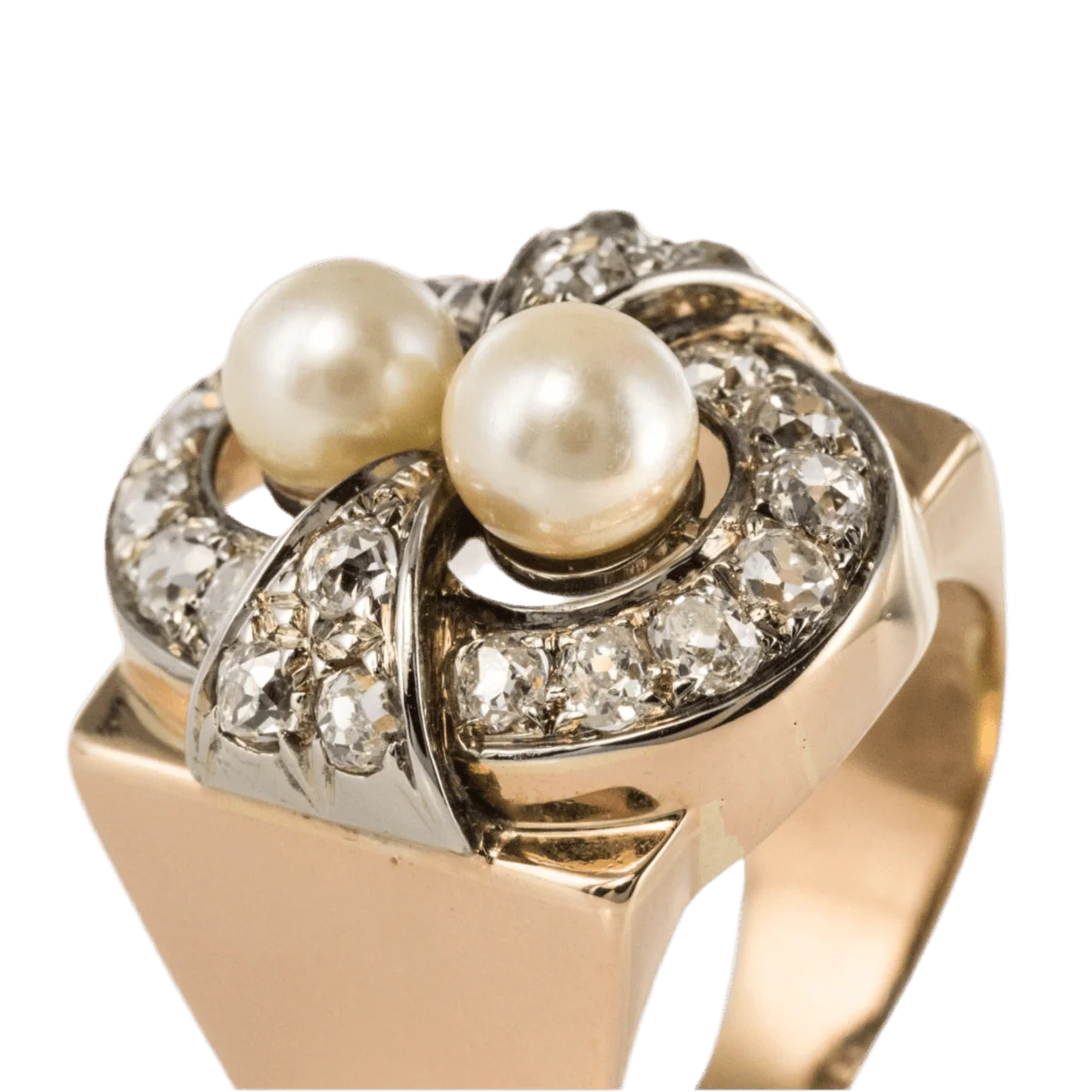 Tank ring in rose gold, platinum, pearls and diamonds - Image 6