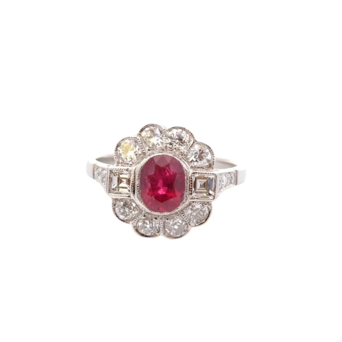 Ring at paltinium, rubies and diamonds