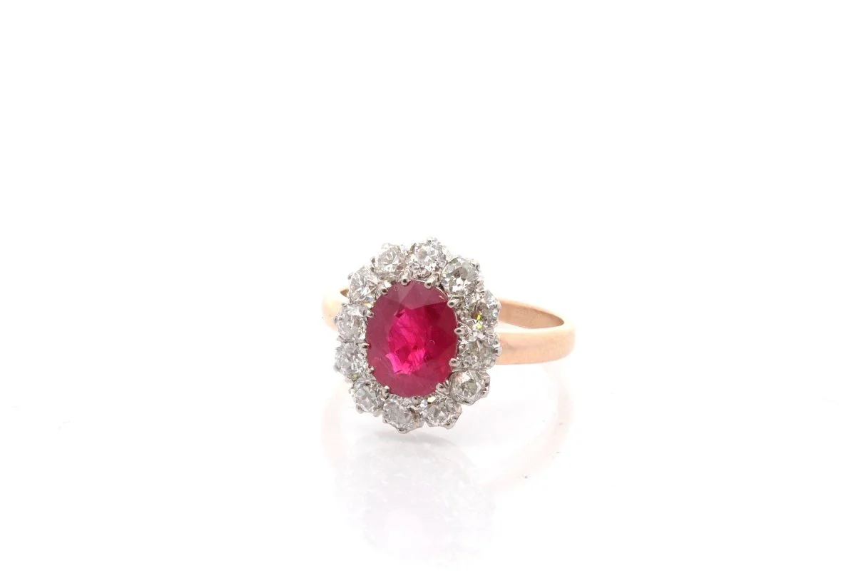 Bague rubis et diamants en platine et or